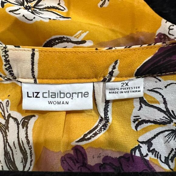 Liz Claiborne Yellow Purple‎ Floral Blouse Attached Tank Top - Picture 3 of 9
